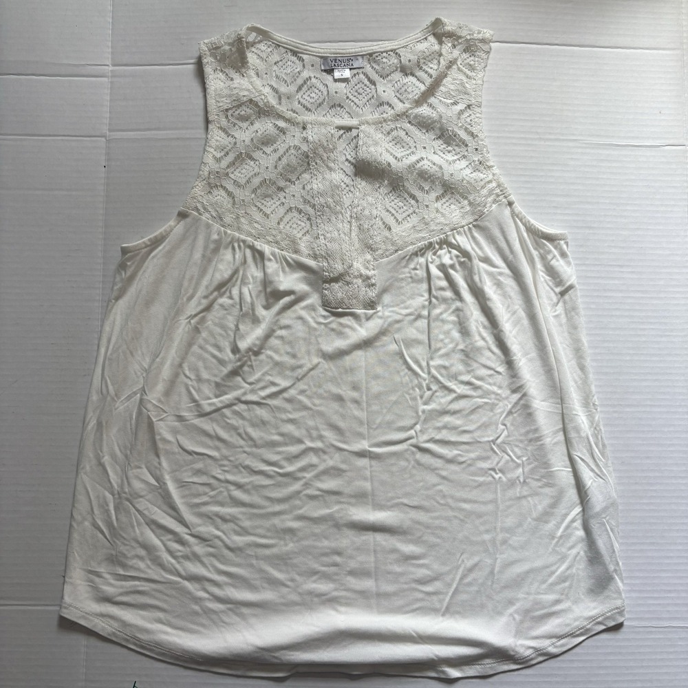 Venus x Lascana Womens White Lace Yoke Sleeveless‎ Keyhole Tank Top Small